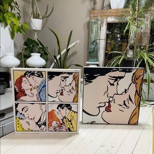Pop Art Canvas Set with Romantic Scenes comic dots pointillism pictures X2